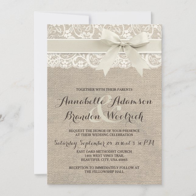 Rustic Wedding Invitation | Burlap Lace Bow Look (Front)