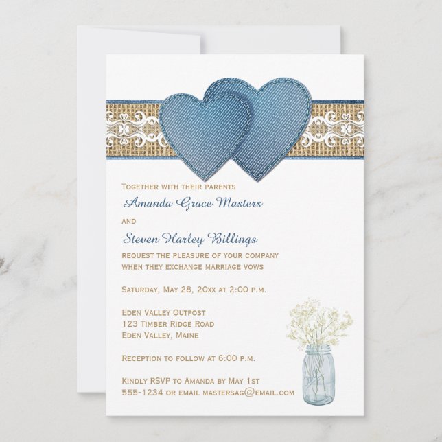 Rustic Wedding Invitation | Denim, Lace, Burlap (Front)