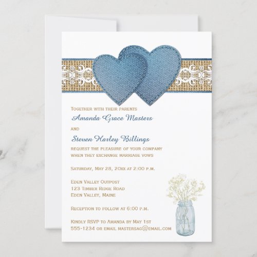 Rustic Wedding Invitation  Denim Lace Burlap