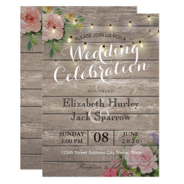 Rustic Wedding Invitation Floral Wood String Light