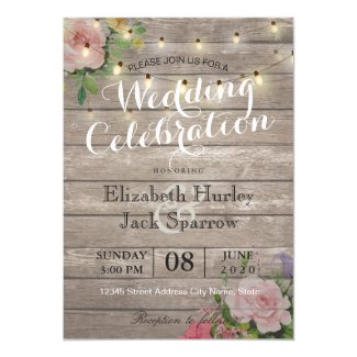 Rustic Wedding Invitation Floral Wood String Light