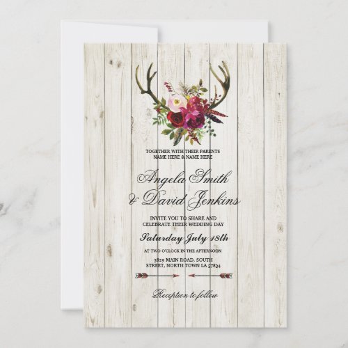 Rustic Wedding Invitations Antlers Floral Stag