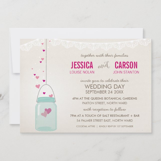 RUSTIC WEDDING INVITE cute mason jar love hearts (Front)