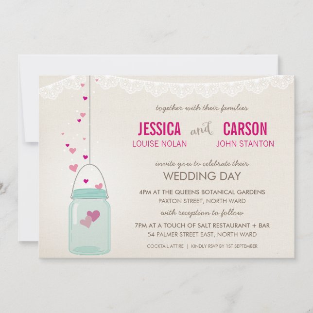 RUSTIC WEDDING INVITE cute mason jar with hearts (Front)