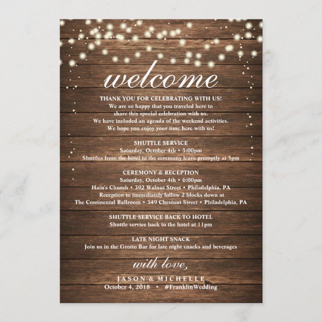 Rustic Wedding Itinerary - Wedding Welcome Letter Program (Front)