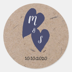 Rustic Wedding Kraft Paper Monogram Navy Heart Classic Round Sticker