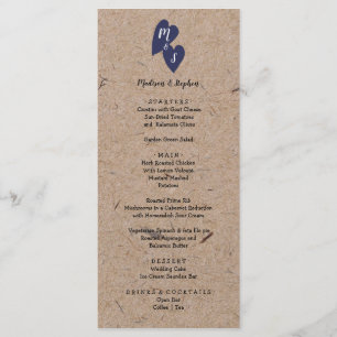Rustic Wedding Kraft Paper Monogram Navy Heart Menu