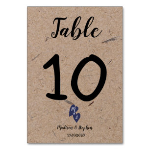 Rustic Wedding Kraft Paper Monogram Navy Heart Table Number