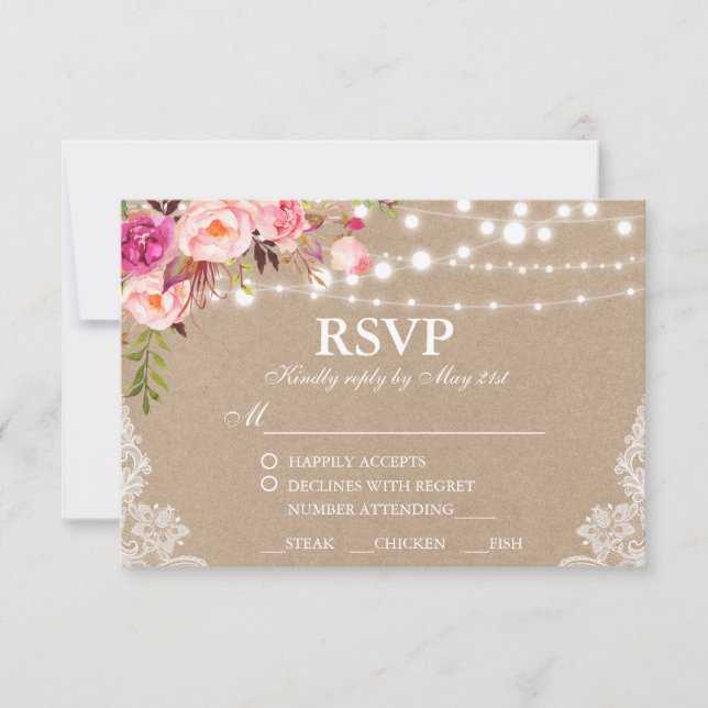 Rustic Wedding Kraft Pink Floral Lace RSVP Meal (Front)