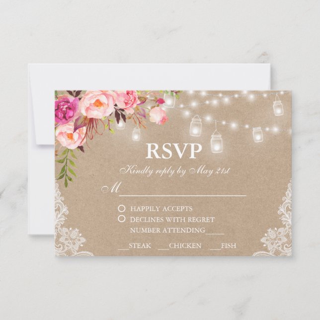 Rustic Wedding Kraft Pink Floral Lights RSVP Meal (Front)