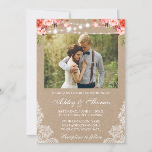 Rustic Wedding Lace Coral Floral Photo Kraft Invitation