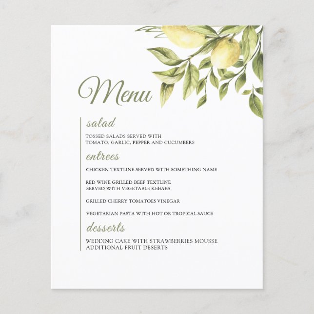 Rustic Wedding Lemon Greenery Menu Flyer (Front)