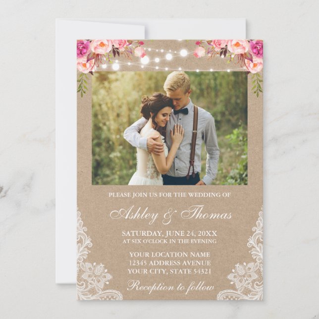 Rustic Wedding Lights Lace Floral Photo Kraft Invitation (Front)