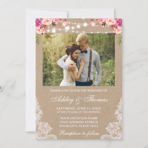 Rustic Wedding Lights Lace Floral Photo Kraft Invitation