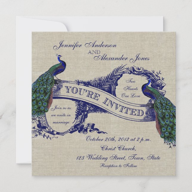 Rustic Wedding Linen Blue Peacocks Invitation (Front)