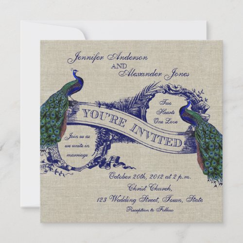 Rustic Wedding Linen Blue Peacocks Invitation