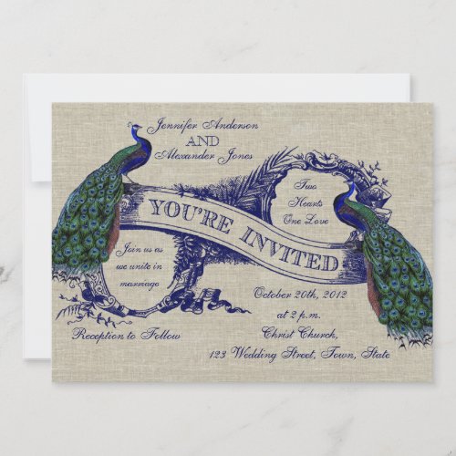 Rustic Wedding Linen Blue Peacocks Invitation