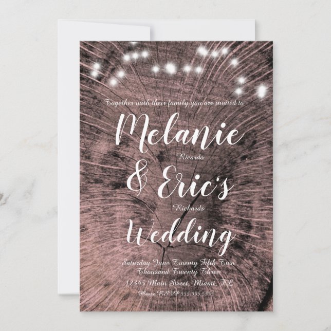 Rustic Wedding Log Lights Elegant Script Invitation (Front)