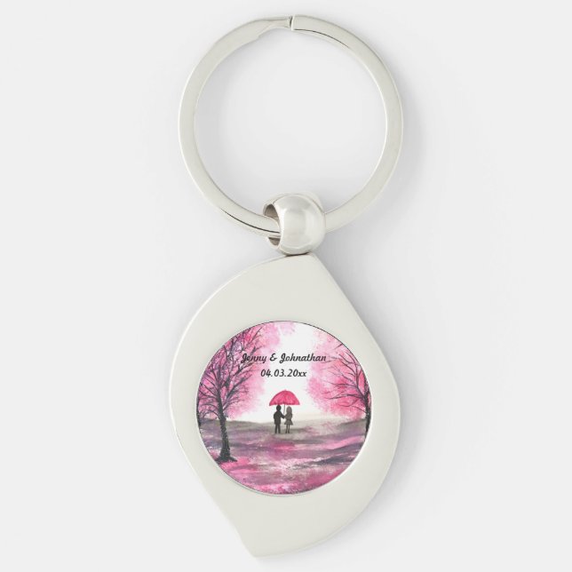 Rustic wedding love couple cherry blossoms tree keychain (Front)
