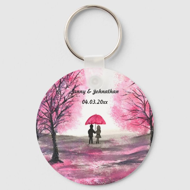 Rustic wedding love couple cherry blossoms tree keychain (Front)