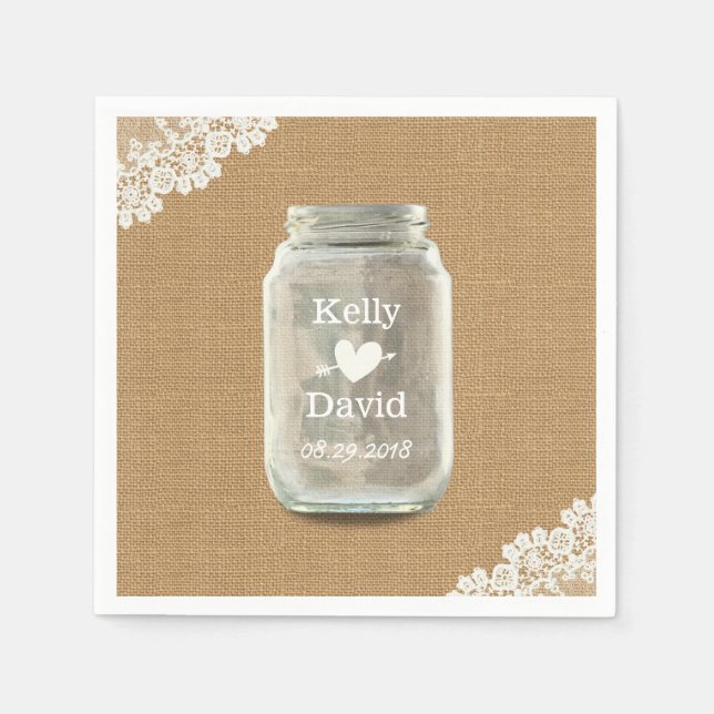 Rustic Wedding Mason Jar Burlap & Lace Napkins (Front)