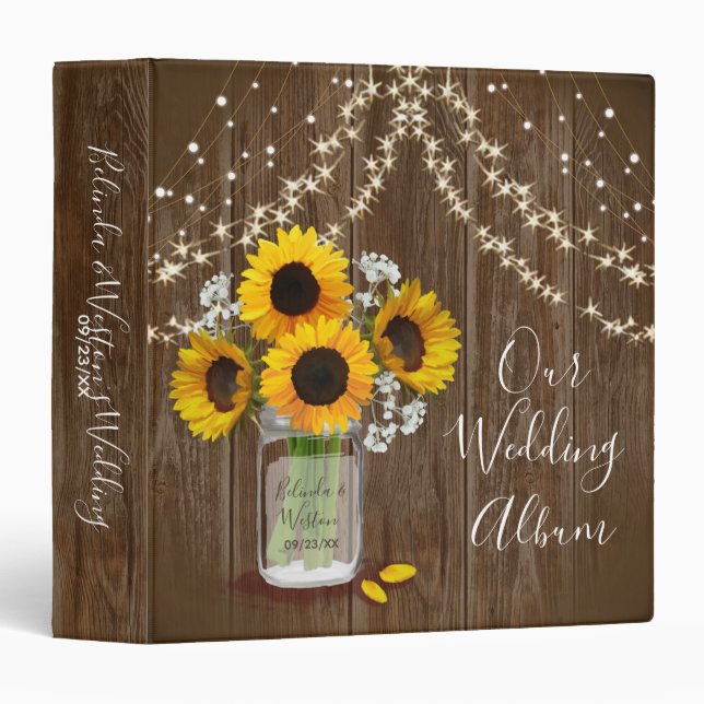 Rustic Wedding Mason Jar Sunflower Babys Breath 3 Ring Binder (Front/Spine)