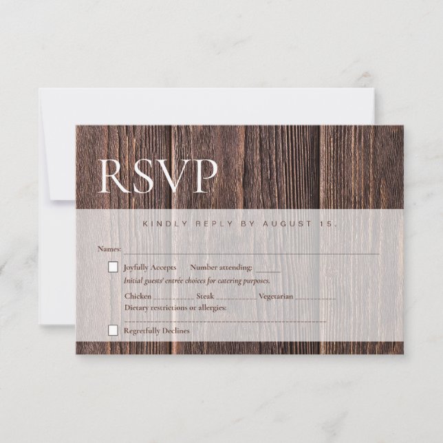 Rustic Wedding meal choices dark Wood  RSVP Card (Front)