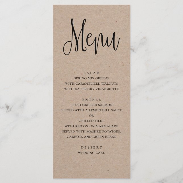 Rustic wedding menu. Modern kraft dinner menu (Front)