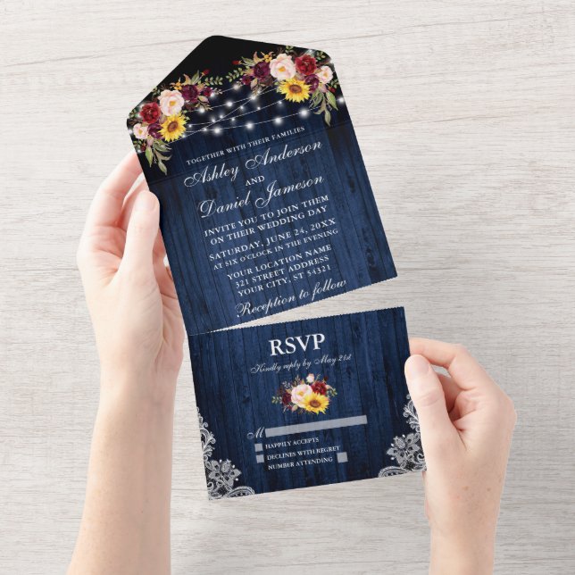 Rustic Wedding Mixed Floral Blue Wood Lace Lights All In One Invitation (Tearaway)