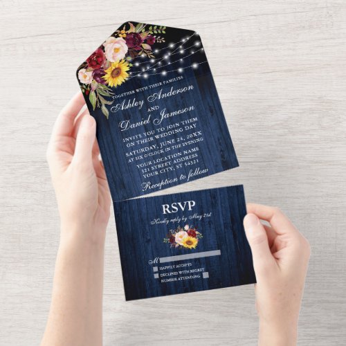 Rustic Wedding Mixed Floral Blue Wood Lights All In One Invitation