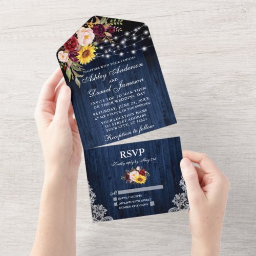 Rustic Wedding Mixed Floral Blue Wood Lights Lace All In One Invitation