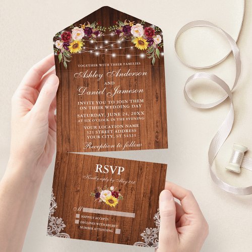 Rustic Wedding Mixed Floral Wood Lace Lights All I All In One Invitation