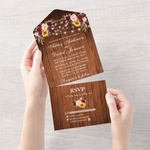 Rustic Wedding Mixed Floral Wood Lights All In One Invitation