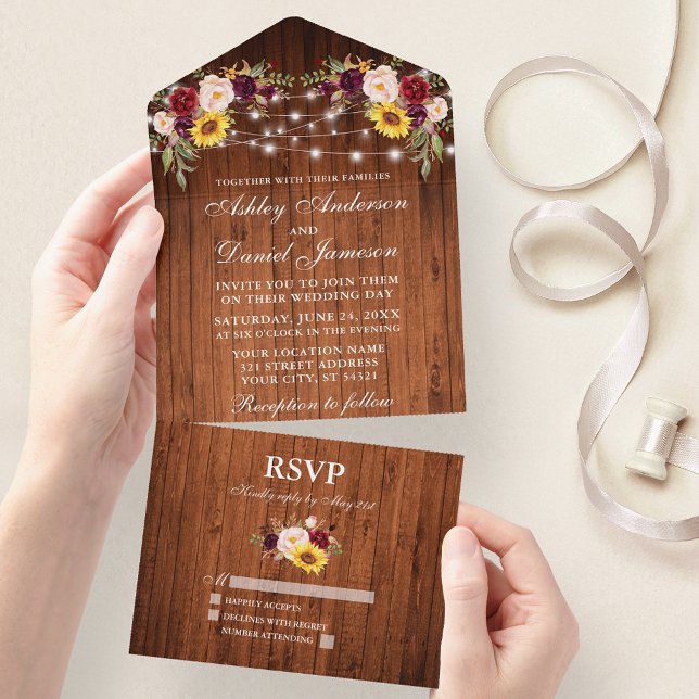 Rustic Wedding Mixed Floral Wood Lights All In One Invitation (All In One Wedding Invitation with tear off RSVP Card)
