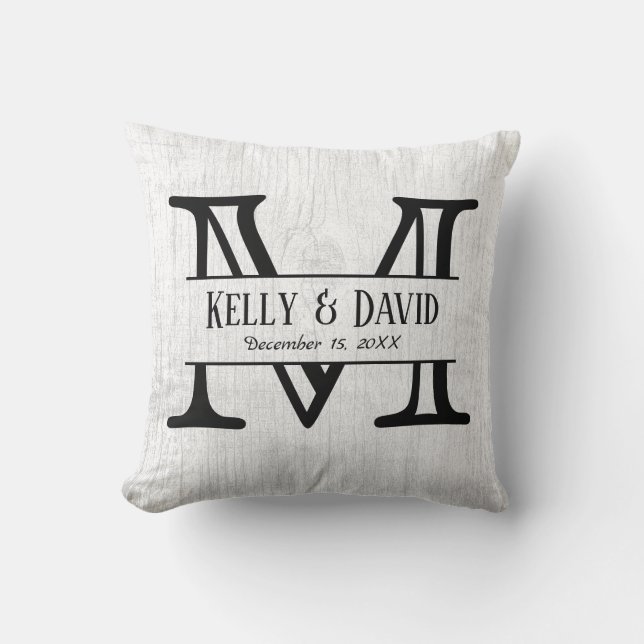 Rustic Wedding Monogram Elegant White Wood Throw Pillow (Front)