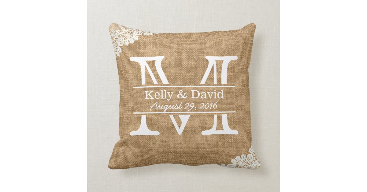 Rustic Wedding Monogram Faux Burlap Lace Throw Pillow Zazzle Com