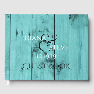 Rustic Wedding Monogram Turquoise Weathered Wood Guest Book