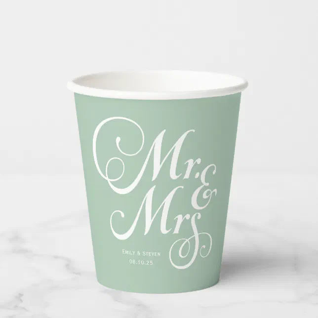 Rustic wedding mr & mrs Sage Green personalized Paper Cups | Zazzle