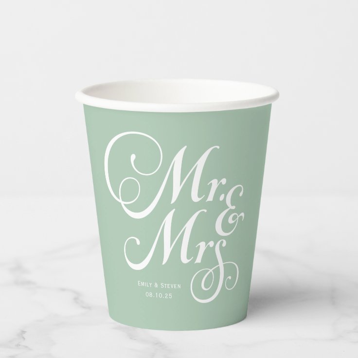 Rustic wedding mr & mrs Sage Green personalized Paper Cups Zazzle