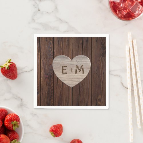 RUSTIC WEDDING NAPKINS CARVED HEART INITIALS LOVE