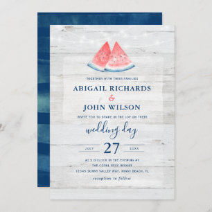 Rustic Wedding Navy Coral Watercolor Watermelon Invitation