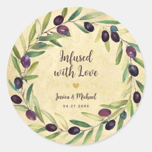 Rustic Wedding Olive Oil Wreath Infused with Love Classic Round Sticker