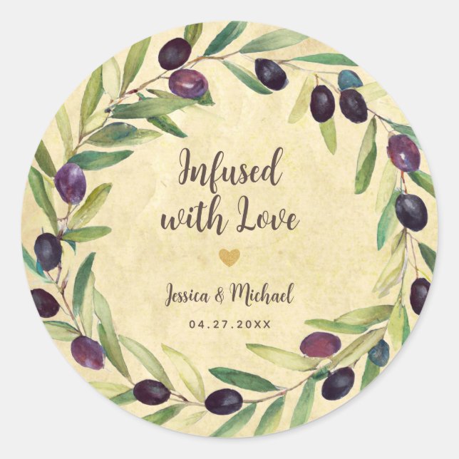 Rustic Wedding Olive Oil Wreath Infused with Love Classic Round Sticker (Front)
