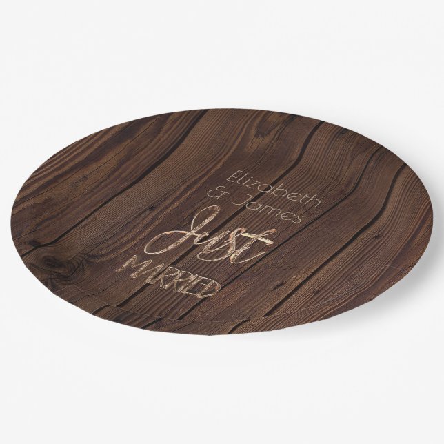Rustic Wedding Party Dark Brown Wood Country Style Paper Plates (Angled)