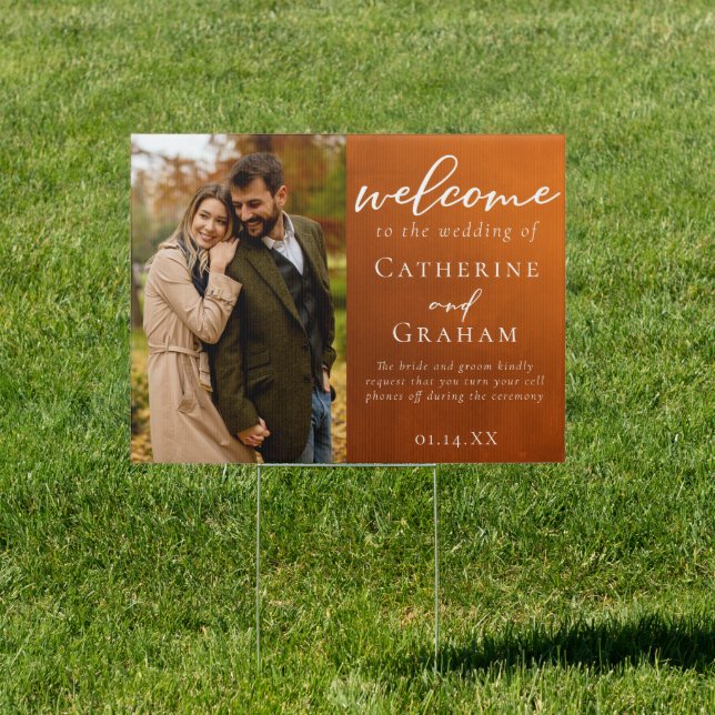 Rustic Wedding Photo Burnt Orange Welcome Yard Sign (Insitu)