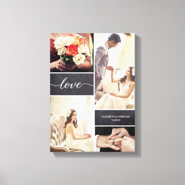 Rustic Wedding Photo Collage Love script Canvas Print (Front)