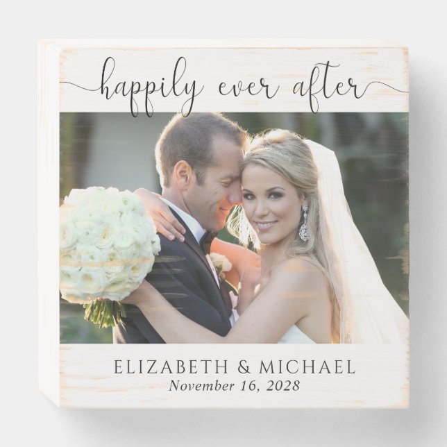 Rustic Wedding Photo Happily Ever After Wooden Box Sign (Front Horizontal)