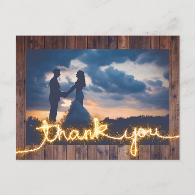Rustic Wedding Photo Modern Sparkler Thank You Postcard (Front)