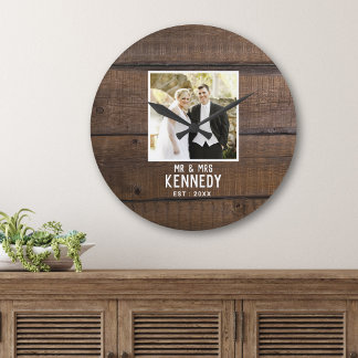 Rustic Wedding Photo Name Dark Brown Wood Plank Large Clock