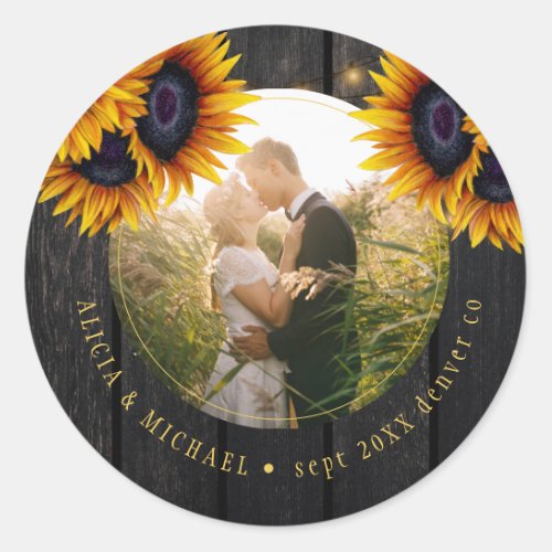 Rustic wedding photo personalized sunflowers wood classic round sticker